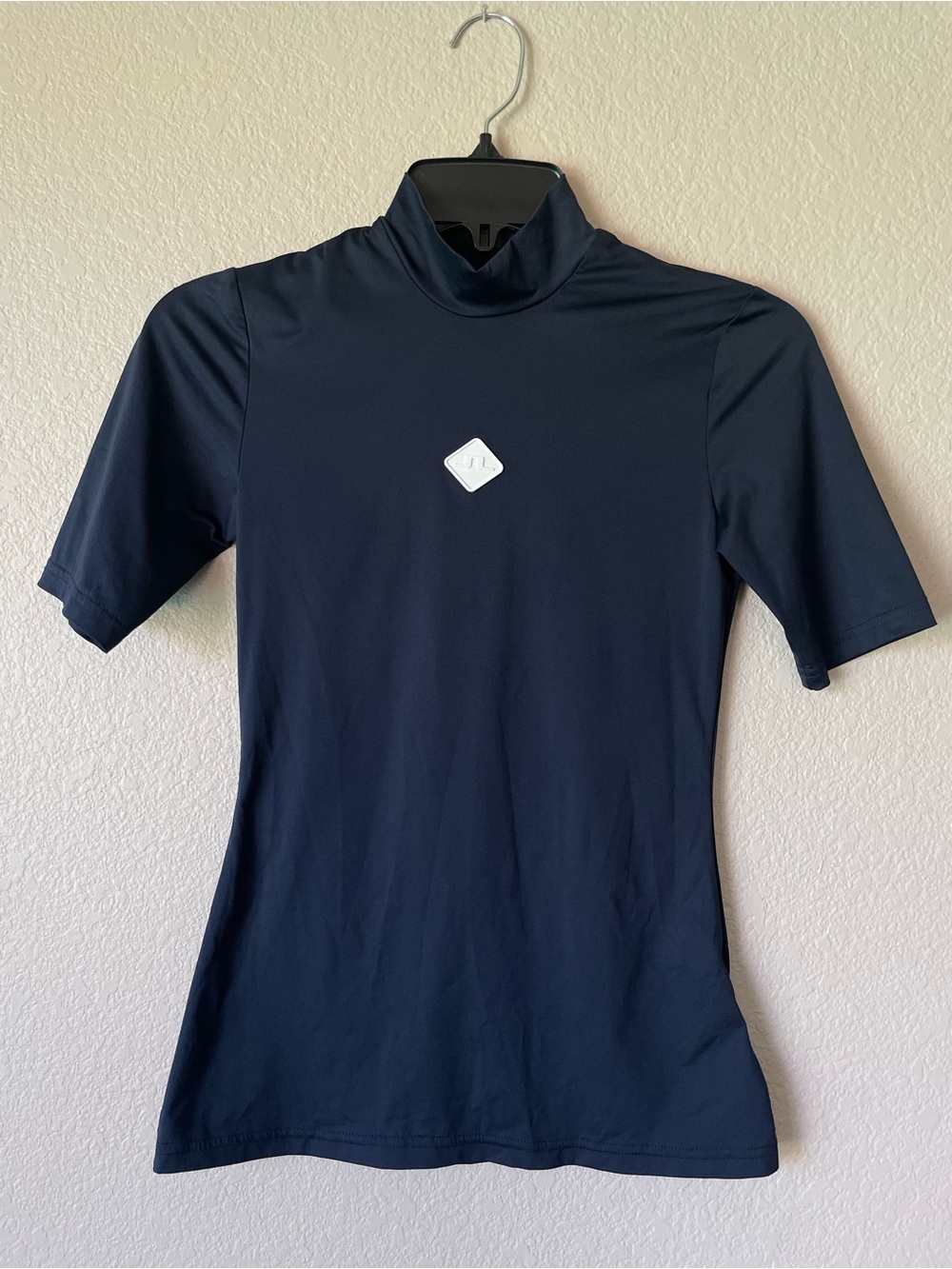 J Lindeberg Billie Gold Top Navy Short-Sleeve Mock Neck Top with Center JL Logo